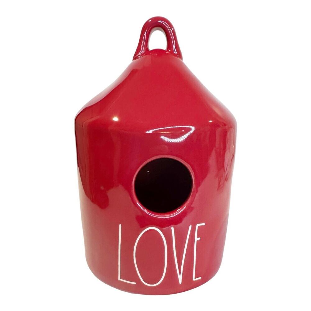 Rae Dunn Red with White Letters LOVE Round Ceramic Birdhouse 8”x 5”